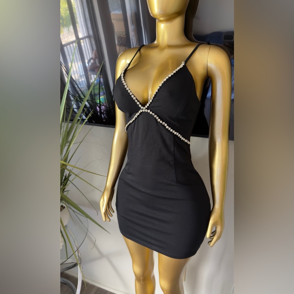 Lulu's Black Mini Dress with Pearl Accents